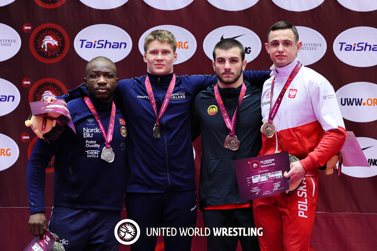 Podium 82KG GR - gold Jonni Kunnari SARKKINEN (FIN), silver Exauce MUKUBU (NOR),bronze Adam Mateusz GARDZIOLA (POL), Saba MAMALADZE (GEO)